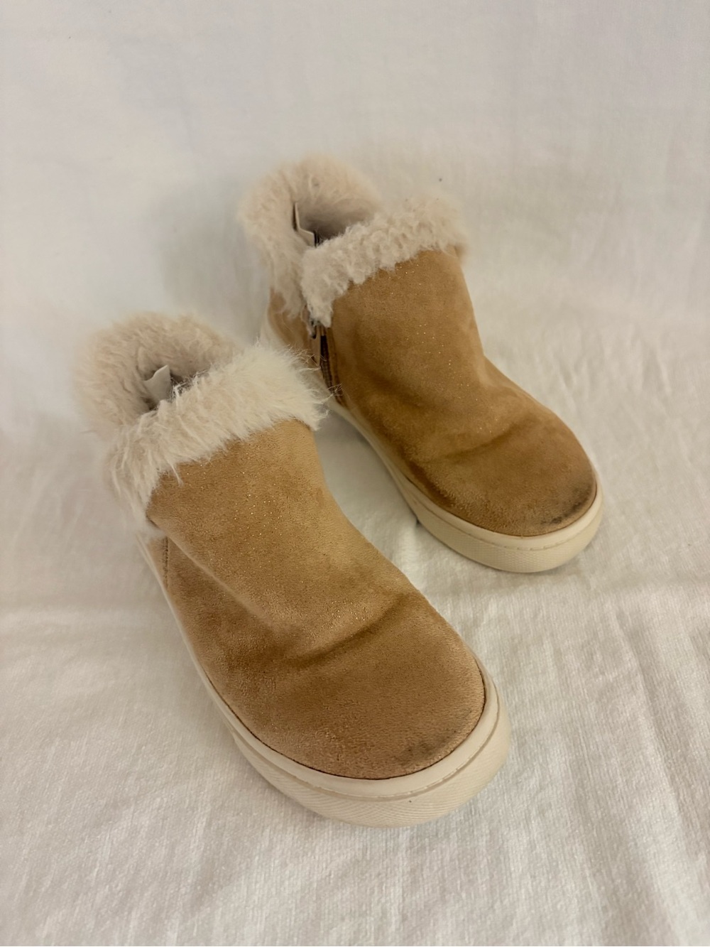 Girl’s Tan Suede-like Faux-Fur Lined Slip-On Sneakers with side zip closure